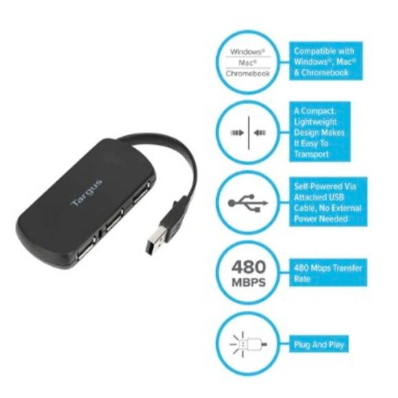 Targus USB 2.0 4-Port USB Hub High Speed Plug-and-Play Windows Mac Chromebook PC - Picture 2 of 8